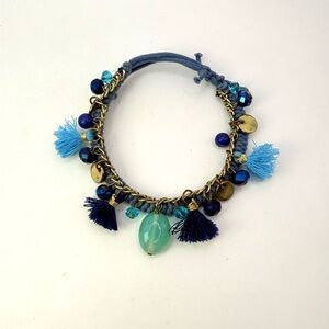 Elegant Boho-Style Blue Beads Charms Tassels Chunky Statement Bracelet